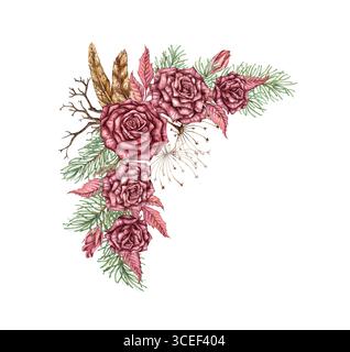 Rose di Borgogna, con rami di pino, rami secchi, fiori secchi e piume ad acquerello. Fiori invernali per Natale e nuovo Foto Stock