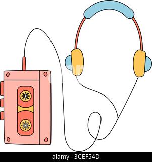Cuffie Cartoon per lettore di cassette retrò Groovy Illustrazione Vettoriale