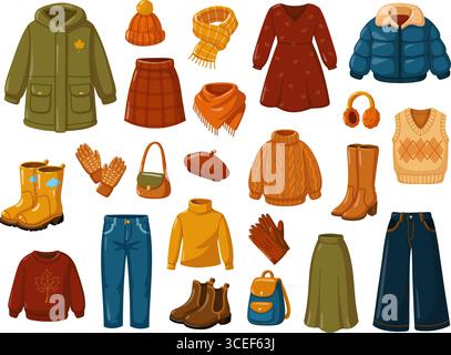 Grande set di abiti, scarpe e accessori autunnali. Vestito autunnale. Illustrazioni stagionali isolate dal vettore su sfondo bianco. Illustrazione Vettoriale