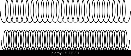 Forma della bobina nera, dell'ammortizzatore o della molla di estensione isolata su sfondo bianco. Spirali metalliche. Parti di sospensioni per auto. Elemento per apparecchiature industriali. Illustrazione grafica vettoriale. Illustrazione Vettoriale