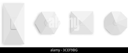 Vista dall'alto delle tende bianche. Ombrelli gazebo in forma rettangolare, quadrata, esagonale e ottagonale. Evento, caffetteria o negozio di ombrelloni. Modelli di tettoia del mercato isolati su sfondo bianco. Illustrazione vettoriale. Illustrazione Vettoriale