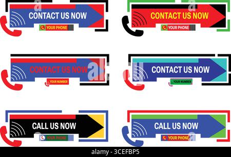 Contattaci ora raccolta vettoriale dei pulsanti freccia con icone telefoniche per la comunicazione aziendale e il servizio di supporto Illustrazione Vettoriale