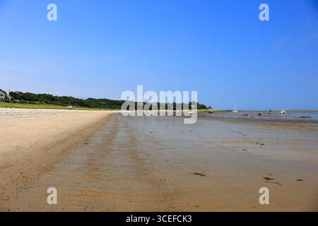 Barche che riposano sugli allori e si ancorano alle loro boe durante la bassa marea nella baia di Cape Cod Foto Stock