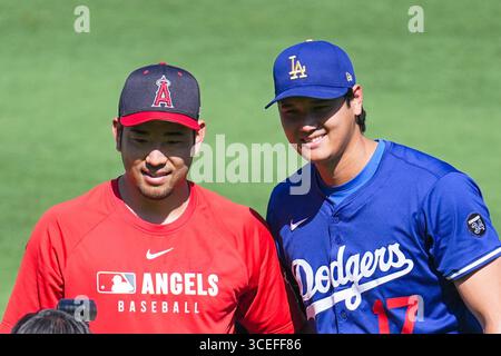 Anaheim, California, Stati Uniti. 11 agosto 2025. Shohei Ohtani, (Dodgers), 11 agosto 2025 - Baseball : Shohei Ohtani (Dodgers), Yusei Kikuchi, (Angels) partita di stagione regolare MLB tra Los Angeles Angels e Los Angeles Dodgers all'Angel Stadium di Anaheim, California, USA. Crediti: Creative 2/AFLO/Alamy Live News Foto Stock