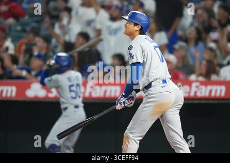 Anaheim, California, Stati Uniti. 11 agosto 2025. Shohei Ohtani, (Dodgers), 11 agosto 2025 - Baseball: Shohei Ohtani ha battuto un fuoricampo. (42) partita di stagione regolare MLB tra Los Angeles Angels e Los Angeles Dodgers all'Angel Stadium di Anaheim, California, USA. Crediti: Creative 2/AFLO/Alamy Live News Foto Stock