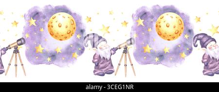 L'astronomo GNOME guarda attraverso il telescopio il cielo stellato della notte di luna, il bordo trasparente dell'acquerello per il design dei bambini. Elfi illustrativi disegnati a mano da Foto Stock