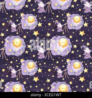 L'astronomo GNOME guarda attraverso il telescopio il cielo stellato della notte di luna, con un motivo senza cuciture ad acquerello per il design dei bambini. Elfi illustrativi disegnati a mano da Foto Stock