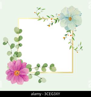 Fiori da giardino blu e viola con foglie su un modello di cartolina con cornice dorata. Carino, elegante e romantico biglietto per eventi. Bouquet floreale di acquerello Illustrazione Vettoriale