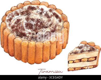Torta Tiramisu acquerello con una fetta – illustrazione realistica del dessert italiano. Dipinte a mano in tonalità delicate, per disegni culinari, libri di cucina, Illustrazione Vettoriale