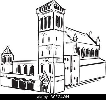 Dettagliato schizzo in bianco e nero di una sala civica con una grande torre, archi gotici e design classico. Ideale per stampe architettoniche, didattiche e Illustrazione Vettoriale