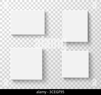 Set di confezioni regalo bianche chiuse, vista dall'alto. Contenitori di carta quadrati realistici o mockup di confezioni di cartone. Modelli di design isolati per il branding o il montaggio Illustrazione Vettoriale