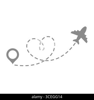 Volo in aereo con linea tratteggiata a cuore. Icona del vettore di viaggio e del percorso di volo. Illustrazione Vettoriale
