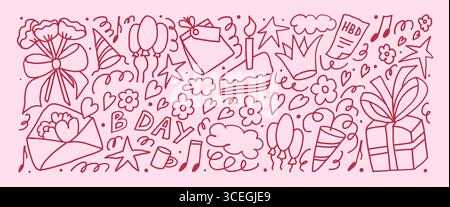 Set disegnato con matita per la festa di buon compleanno. Celebration Bday Doodle Strokes canta su sfondo rosa. Omaggio, coriandoli e torte con palloncini per f Illustrazione Vettoriale