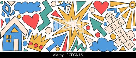 Set trafilato di pastelli per bambini ingenui. Simpatico sfondo della collezione di icone scarabocchi per bambini. Disegni di gesso infantile. Carino vettore i della scuola materna disegnato a mano Illustrazione Vettoriale
