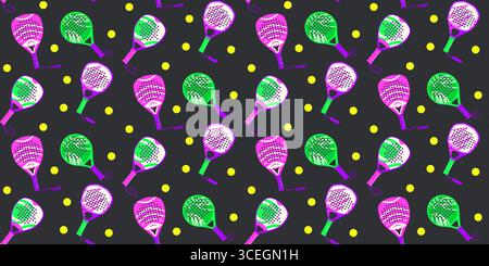 Padel tennis gioca senza cuciture. Racchette e palline sportive vivaci, sfondo infinito. Gioco a pagaia varie forme palas ripetono la copertina. Modello superficiale Illustrazione Vettoriale