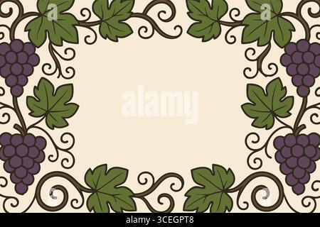 Cornice rettangolare decorativa formata da grappoli d'uva e viti a scorrimento in stile vintage con ampio spazio vuoto per il testo. Illustrazione Vettoriale