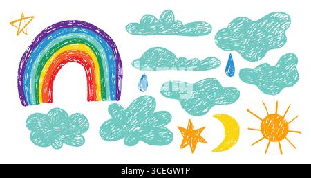 Set di Crayon Doodle Clouds, Arcobaleno e molto altro ancora Illustrazione Vettoriale