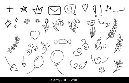 Un insieme di elementi sotto forma di linea, cuori, fiori e nuvole, uno schizzo in bianco e nero. Illustrazione vettoriale. Il disegno è in uno stile semplice o Illustrazione Vettoriale