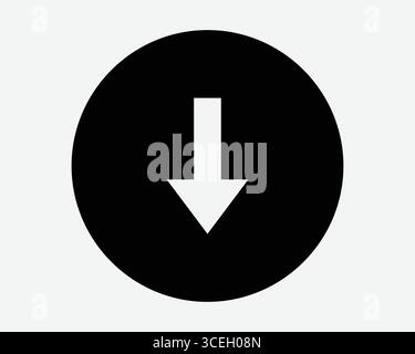 Icona freccia giù punto sud simbolo cerchio pulsante Scarica puntatore grafica grafica grafica bianco nero grafica verso il basso illustrazione direzione percorso di navigazione Illustrazione Vettoriale