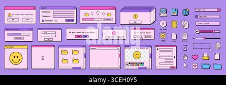 Set interfaccia utente mobile e desktop Vaporwave retro. finestre di dialogo in stile anni '90, bolle di chat e icone. Illustrazione vettoriale stile piatto. Illustrazione Vettoriale
