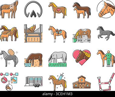 le icone equestri per l'allevamento dei cavalli sono vettoriali Illustrazione Vettoriale