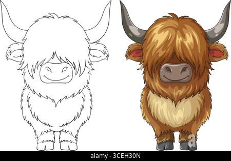 Mucca Highland in stile cartoni animati mostrata sia in line art che a colori, frontale con pelliccia squallida, sfondo neutro, linee vettoriali pulite Illustrazione Vettoriale