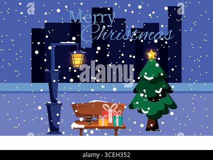Illustrazione vettoriale di un parco cittadino invernale innevato con alberi di Natale, panchina, lanterna, passerella, colline e skyline della città. Paesaggio natalizio invernale per Ba Illustrazione Vettoriale