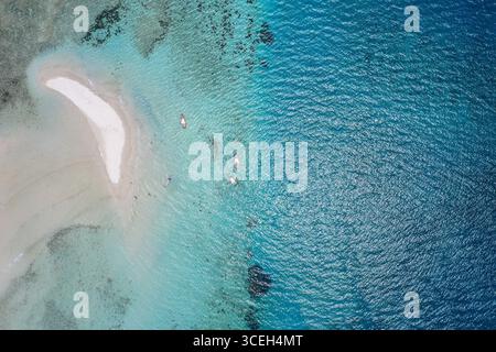 Vista aerea della spiaggia di sabbia bianca che incontra l'oceano turchese, con piccole barche e persone che si godono le acque cristalline, l'isola Wasini, la contea di Kwale, Kenya. Foto Stock