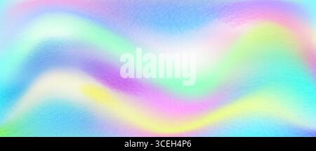 Sfondo in lamina metallica iridescente con transizioni olografiche in gradiente arcobaleno. Superficie metallica liscia in uno spettro pastello da sogno per progetti di design digitale moderni. Brillantezza brillante bg. Illustrazione Vettoriale