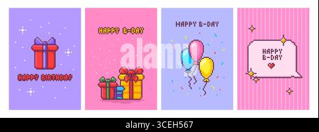 Biglietti di auguri per il compleanno dei pixel: Design retrò a 8 bit con confezioni regalo, palloncini colorati e messaggi natalizi. Modelli digitali per festeggiare con scintille ed elementi decorativi per inviti alle feste Illustrazione Vettoriale