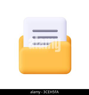 Cartella gialla e file di documento con righe di testo. Business, concetto di gestione dei file. icona vettoriale 3d. Stile minimalista cartoni animati. Illustrazione Vettoriale