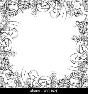Tappo di latte russula suillus larch bolete scivolosi funghi jack, lumaca su berretto. Cornice con bordo quadrato disegnata a mano con inchiostro vettoriale. Pianta di Horsetail sulla corteccia Illustrazione Vettoriale