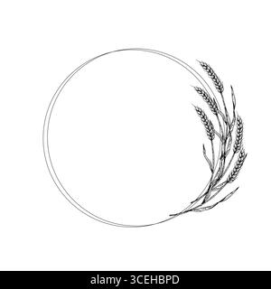 Spighe di frumento con telaio vettoriale disegnate a mano in stile lineare. Schizzo vintage perfetto per le illustrazioni a tema fattoria biologica o raccolto. Il profilo minimalista è ideale Illustrazione Vettoriale