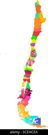 Mappa dettagliata dei colori del Cile – Mappa politica e regionale ad alta risoluzione per la cartografia e l'infografica Illustrazione Vettoriale