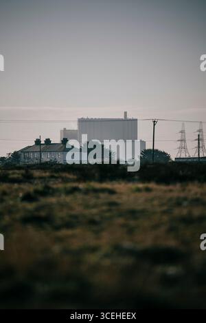 Un grande edificio con un alto camino e' sullo sfondo. Il cielo è coperto e l'erba è secca Foto Stock