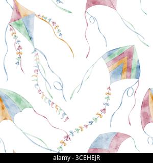 Motivo ad acquerello senza cuciture con aquiloni colorati e nastri fluenti nel cielo. Illustrazione di giocattoli volanti su sfondo isolato per carta da parati per bambini, design in tessuto per bambini o carta da imballaggio per bambini. Foto Stock