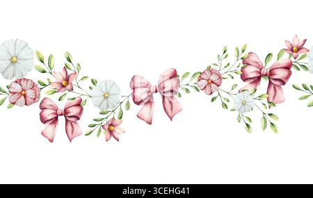 Bordo senza cuciture con fiocco rosso con lungo nastro, fiori primaverili e rami con foglie. Cornice ad acquerello, gerbera disegnata a mano, camomilla, echinacea Foto Stock
