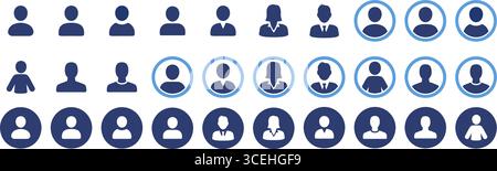 Collezione di icone minimaliste e dallo stile piatto progettate per rappresentare i profili utente. Collezione di icone piene. Illustrazione vettoriale. Illustrazione Vettoriale