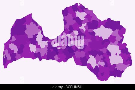 Mappa della Lettonia con regioni. Solo una semplice mappa di confine con la divisione della regione. Tavolozza dei colori viola. Illustrazione Vettoriale