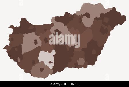 Mappa dell'Ungheria con le regioni. Solo una semplice mappa di confine con la divisione della regione. Tavolozza dei colori marrone. Illustrazione Vettoriale