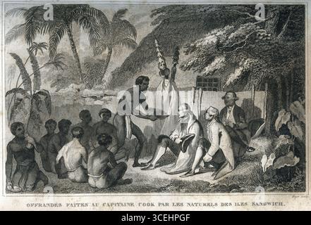 Il primo viaggio del capitano James Cook (1728-1779): Un'offerta prima del capitano Cook nelle Isole Sandwich - incisione da: « Nouvelle Bibliothèque des Voyages Anciens et Modernes » 1844 Foto Stock