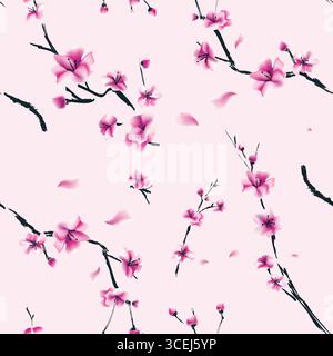 disegna fiori e rami di sakura su sfondo rosa Illustrazione Vettoriale