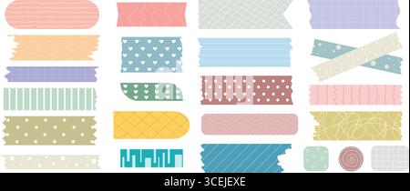 Grazioso nastro washi di diverse dimensioni, forme e colori. Set di nastro adesivo per diario, collage, decorazione di note. Collezione di nastri abrasivi decorativi Illustrazione Vettoriale