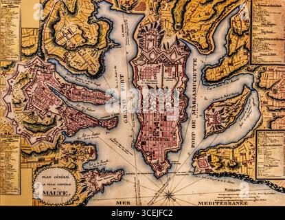 Mappa storica della capitale la Valletta e dintorni, Malta Foto Stock