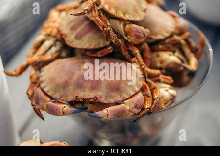 Primo piano di granchi bruni appena bolliti impilati in una ciotola di vetro sul tavolo all'aperto Foto Stock