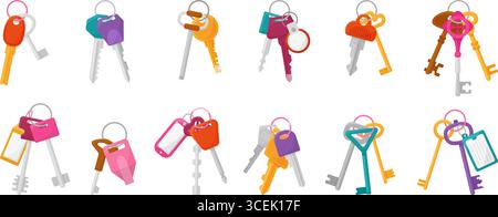 Mazzi di chiavi. Moderne chiavi retrò con etichette esclusive. Mazzo isolato con diversi tipi di blocco. Simboli di nuova proprietà o auto, noleggio, neoterico Illustrazione Vettoriale