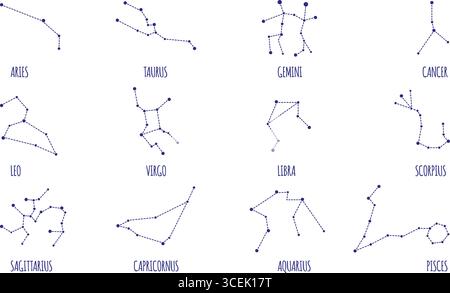 Costellazioni zodiacali. Segni dell'oroscopo e simboli astrologici. Diverse costellazioni nel cielo, celeste e mitiche, navigazione nautica Illustrazione Vettoriale