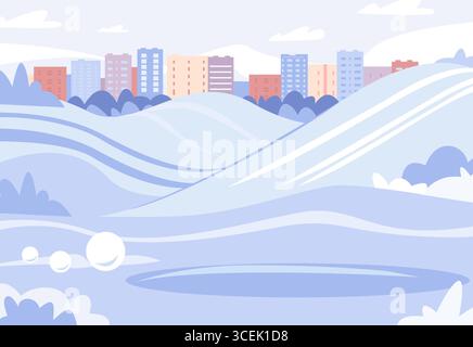 Parco cittadino innevato con colline per lo sci e lo slittino. Città vuota durante le vacanze di natale. Area per attività all'aperto con ciaspole e paesaggi vettoriali Illustrazione Vettoriale