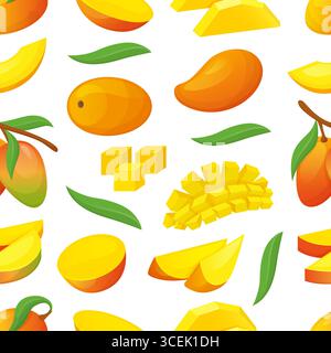 Dolce motivo mango senza cuciture. Frutti di mango cartoni animati, cibo vitaminico esotico tagliato. Stampa di frutta tropicale fresca per tessuto, carta da parati, vettore neoterico Illustrazione Vettoriale