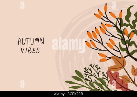 Striscione autunnale con foglie disegnate a mano, frutti di bosco e sfondo beige astratto è perfetto per post sui social media, poster, biglietti di auguri e invit Illustrazione Vettoriale